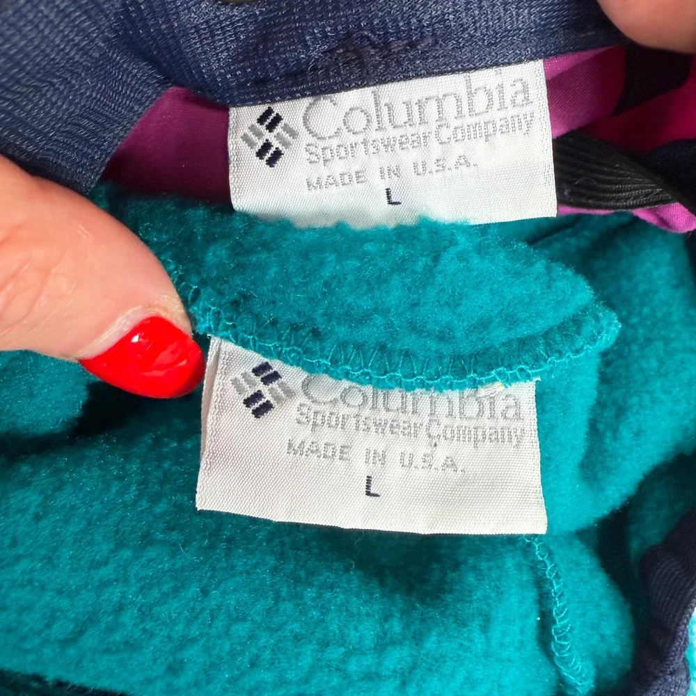 Vtg Columbia L 3 in 1 Trapper Ear Flap Cap Purple Teal Fleece Lined Gorpcore Hat
